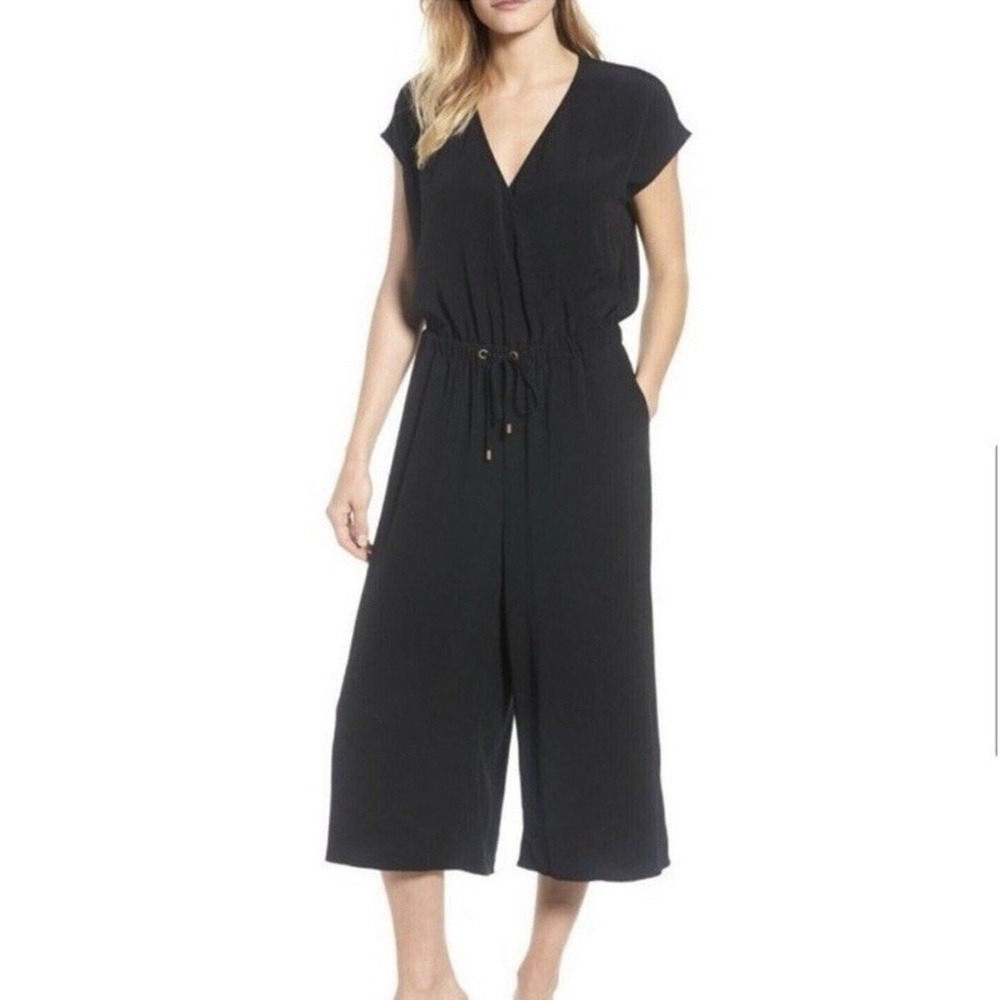 Eileen Fisher Wrap Jumpsuit Womens M Black Wide Leg Culotte Tencel‎ Chic Capsule